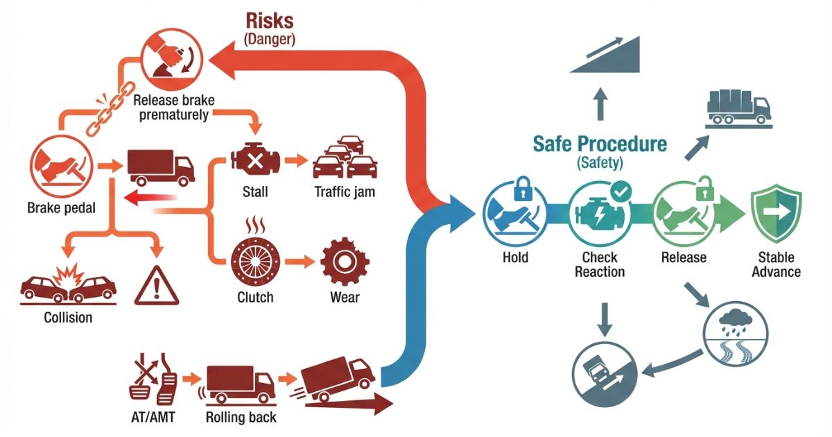 解除が早いことで起きる後退やエンストなどの失敗分岐と安全手順を示す図解