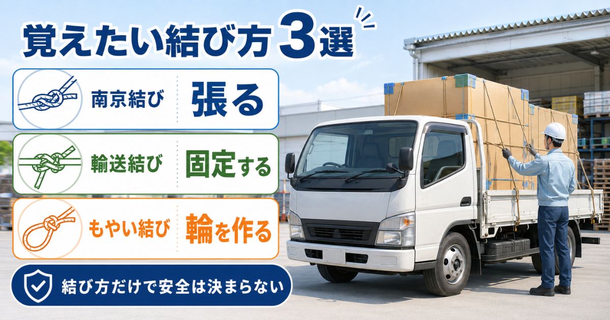 南京結び・輸送結び・もやい結びの役割を示したトラック荷締めの比較