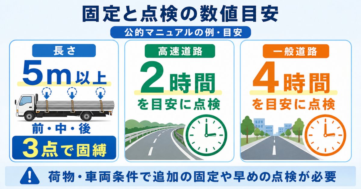 長さ5m以上は3点固縛、高速道路2時間、一般道路4時間の点検目安を示した図解