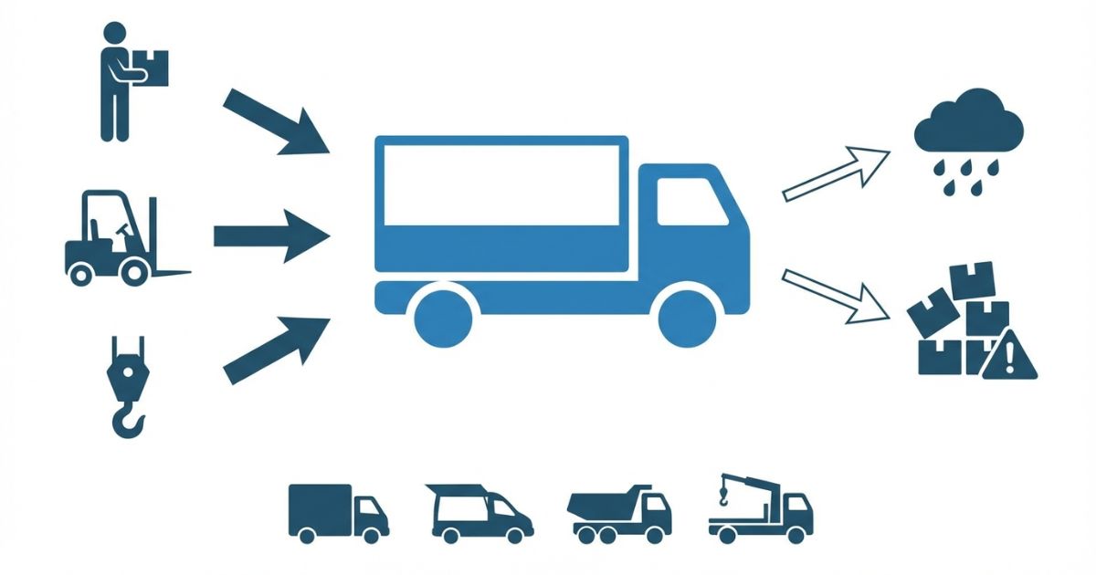 平ボディの強みと前提条件（保護と荷崩れ対策）を判断軸で示す文字なし図解