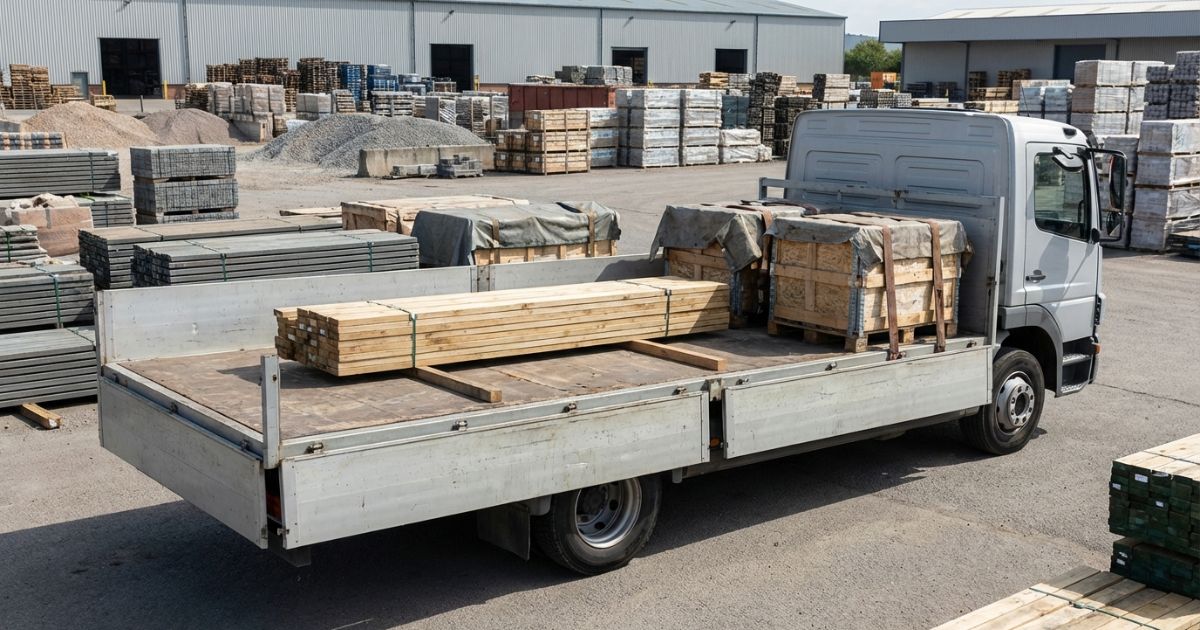 平ボディトラックの開放荷台と現場での使用イメージが伝わる写真風イメージ