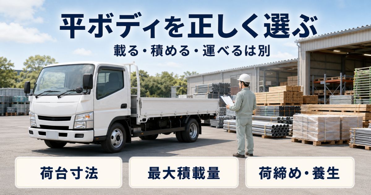 平ボディを選ぶ際に荷台寸法、最大積載量、荷締めと養生を確認する作業担当者