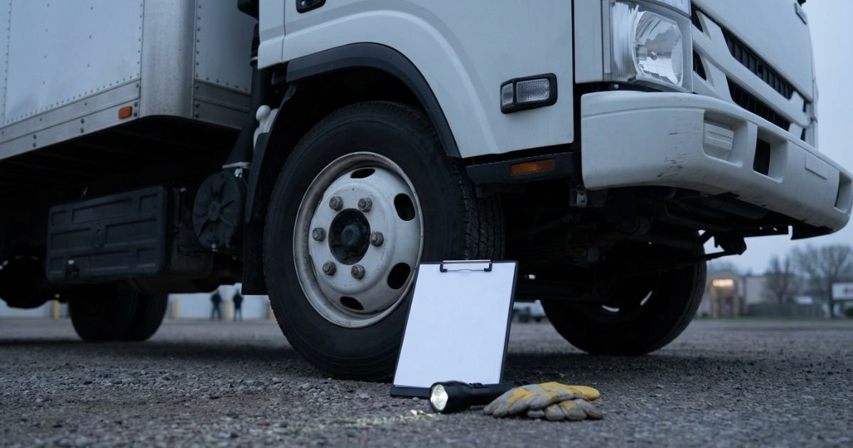 車検前の点検準備をする整備工場前のトラックの写真