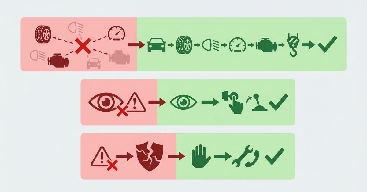 車検で落ちやすい失敗例と日程ロスや事故リスクを回避する分岐を示す文字なし図解