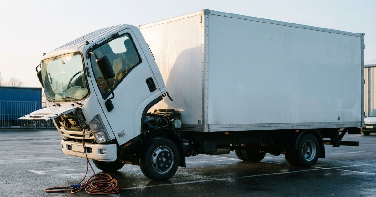 トラックのジャンプスタートを行う前の現場イメージ（車庫で停車した業務用トラック）