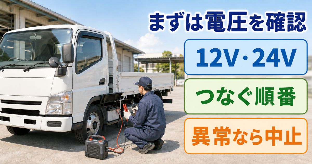 トラックのジャンプスタート前に12V・24Vの電圧、接続順序、異常時の中止判断を確認する様子