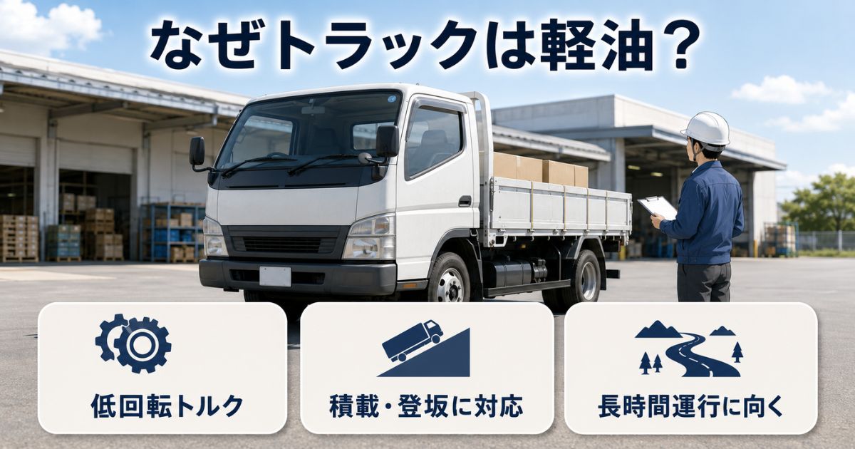 トラックに軽油仕様が多い理由を低回転トルク・積載時の走行性・長時間運行の3点で示した構成