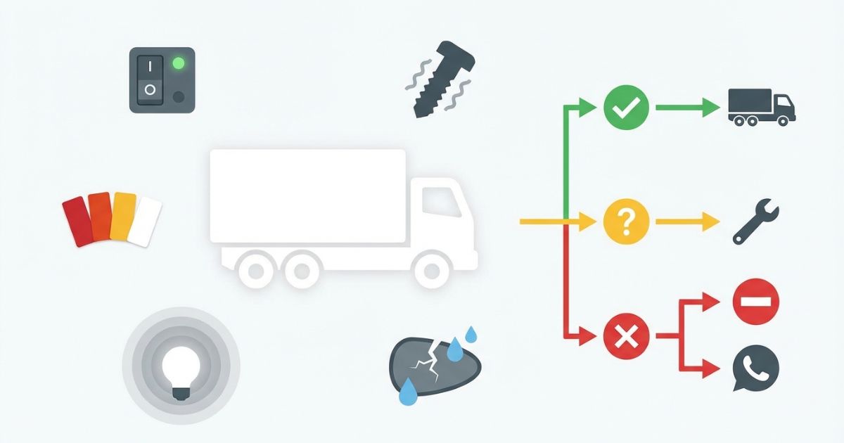 灯火点検の判断軸を図形で整理した図解(作動・色・明るさ・破損・固定と判定分岐)