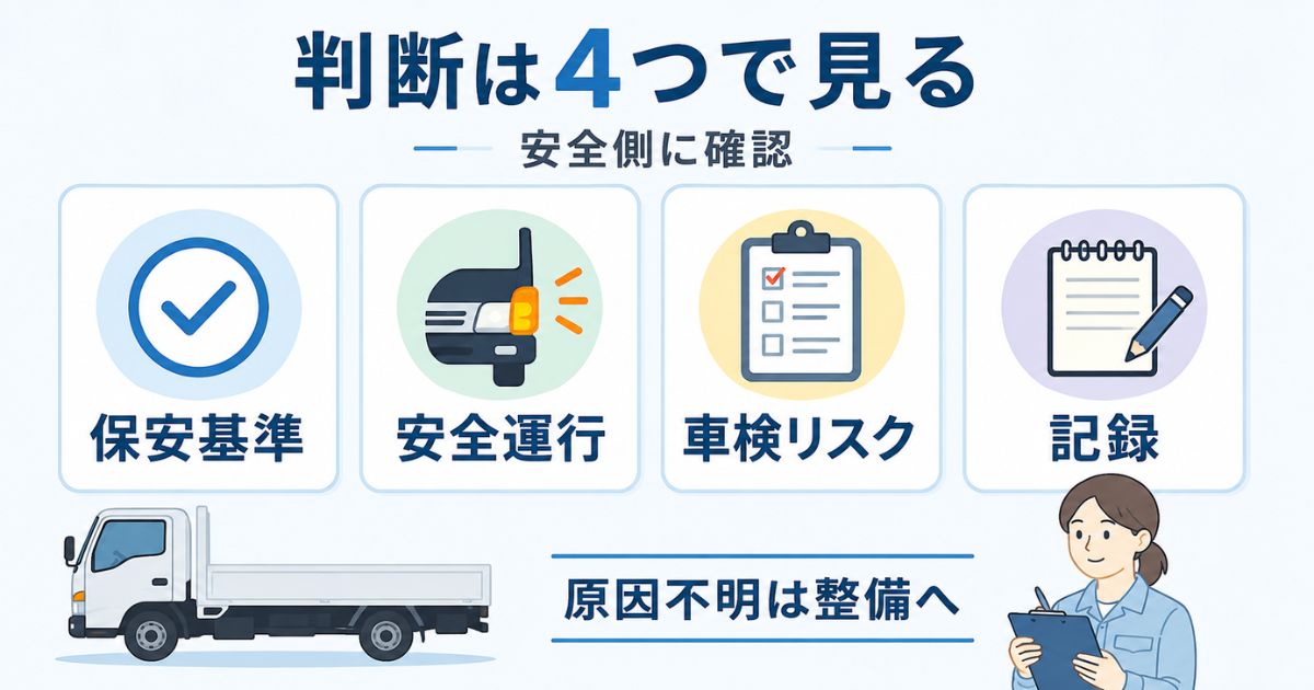 灯火点検の判断軸を図形で整理した図解(作動・色・明るさ・破損・固定と判定分岐)