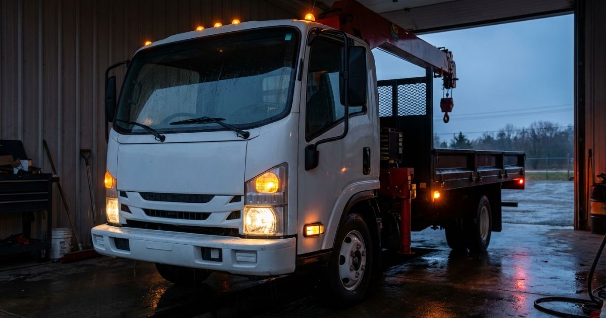 トラックの灯火類を点検するイメージ（夜明けの車庫で灯火が点灯した車両）