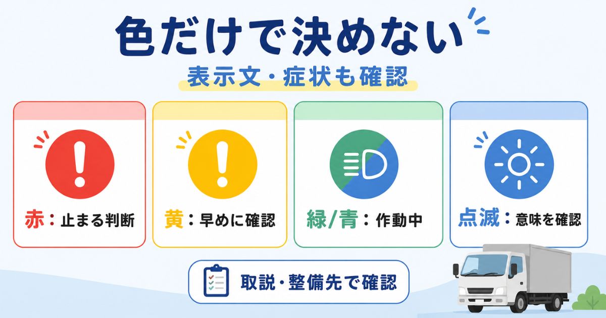 赤や黄色や緑青や点滅などランプの色と緊急度の目安を整理する図解