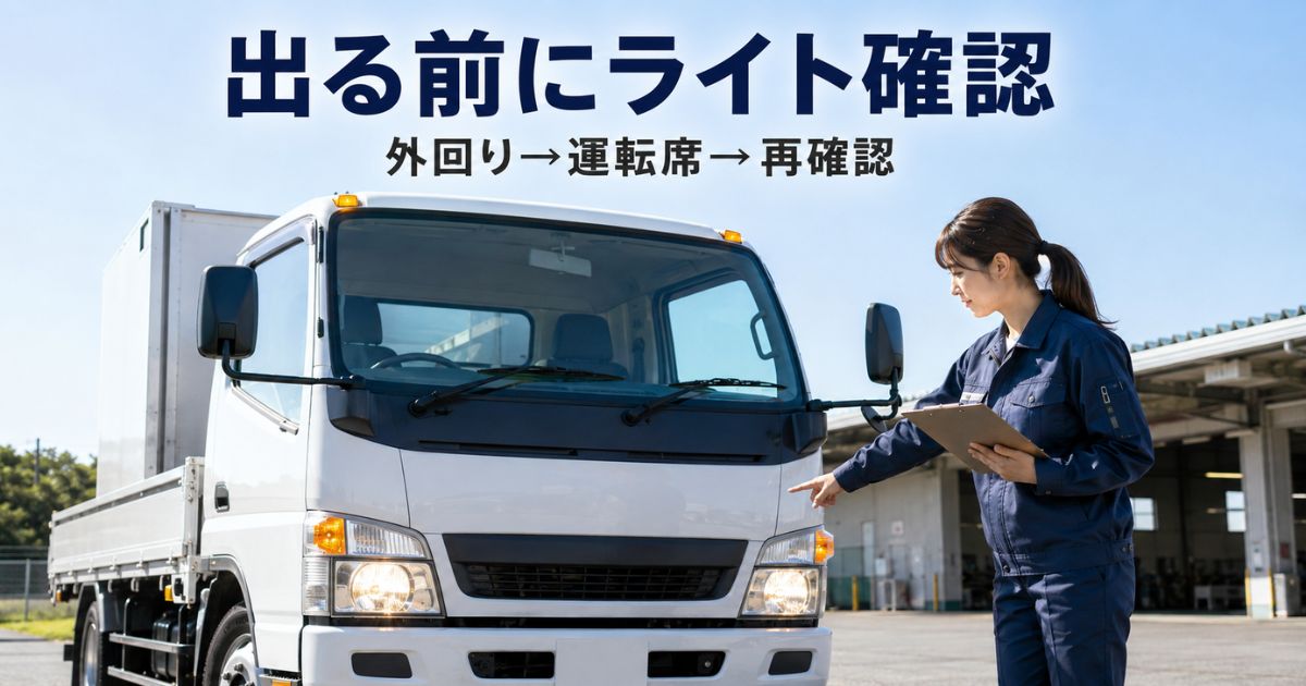出庫前にトラックのライトや表示灯を確認している様子を表す写真風画像