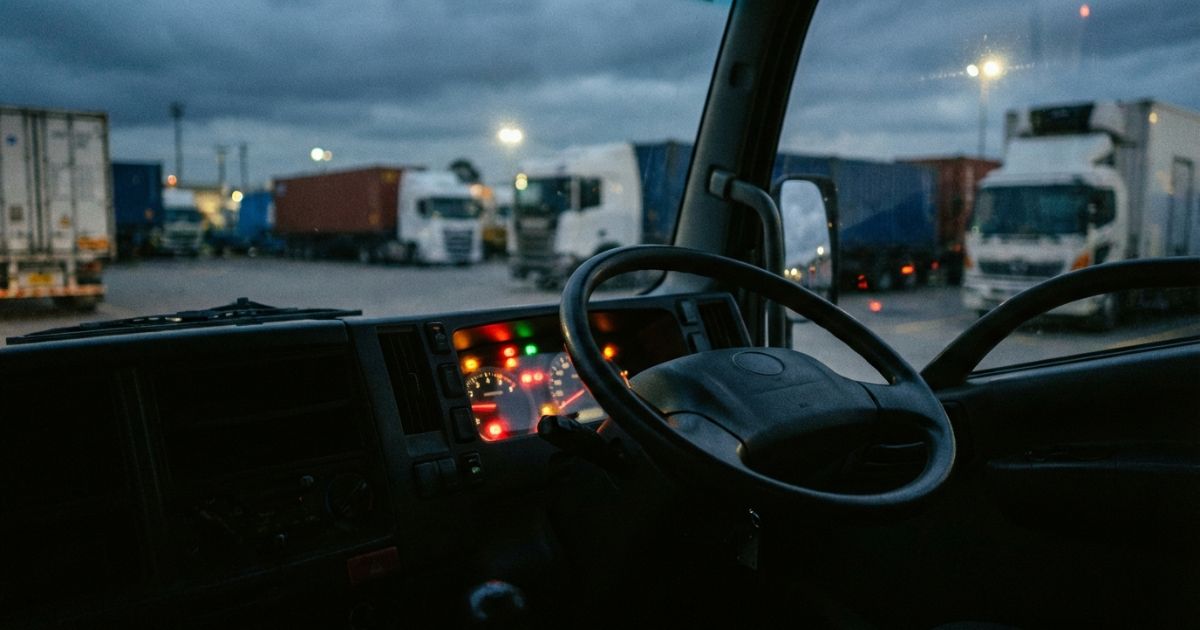 トラックのメーターパネルが点灯して表示灯の確認が必要になる状況を示す写真風イメージトラックのメーターパネルが点灯して表示灯の確認が必要になる状況を示す写真風イメージ