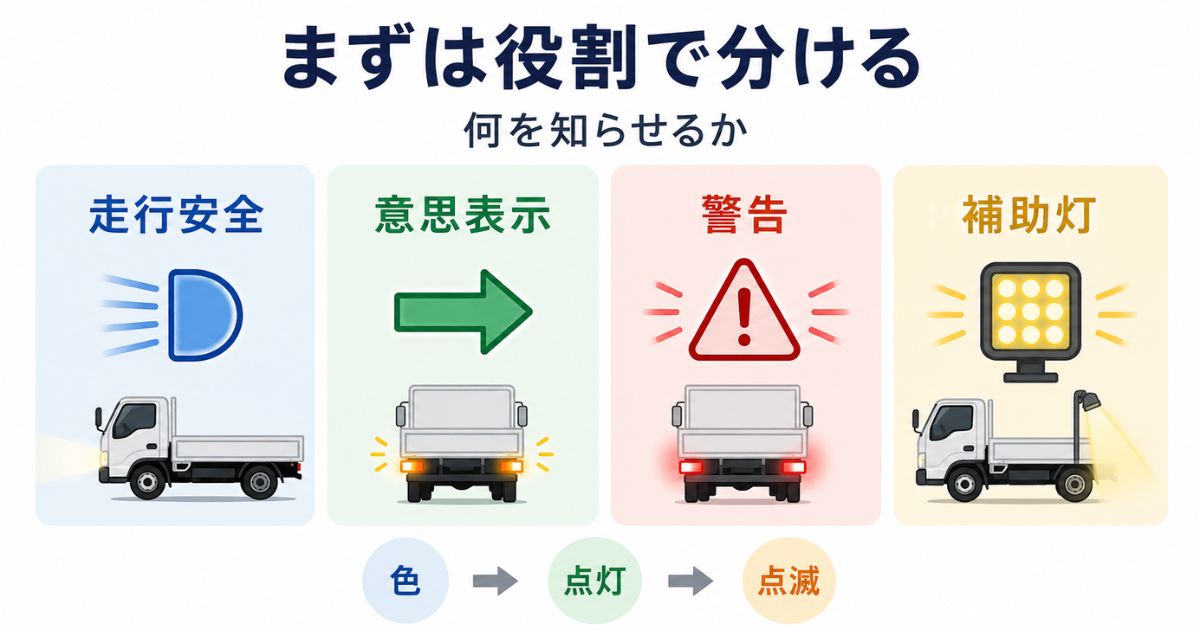 トラックのランプを走行安全・意思表示・警告・補助灯の4分類で整理する図解