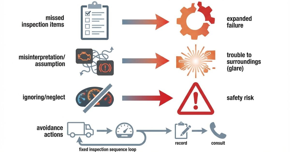 点検漏れや誤解や放置が故障拡大や安全リスクにつながる流れを示す図解
