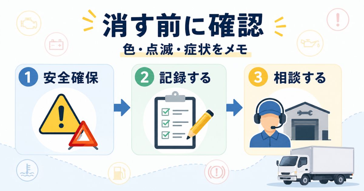 警告灯が点いたときに安全確保から記録と相談へ進む初動対応を示す図解