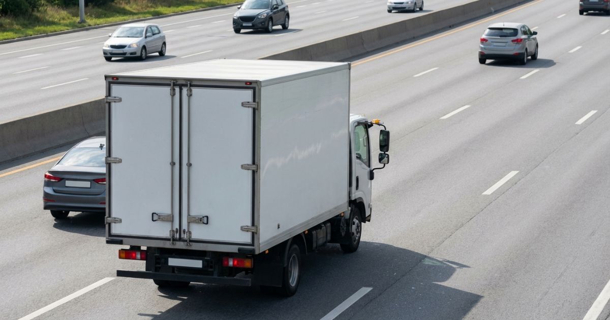 幹線道路または高速道路で業務用トラックが十分な車間を取り車線変更前に周囲を確認している写真