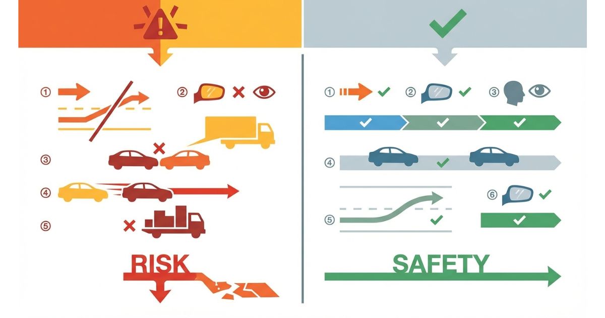 車線変更の典型的な失敗例と安全側の標準手順を比較した分岐図解