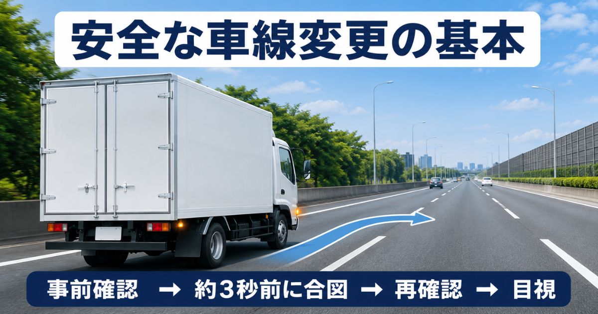 トラックが事前確認と合図、ミラー・目視による再確認を行って安全に車線変更する手順