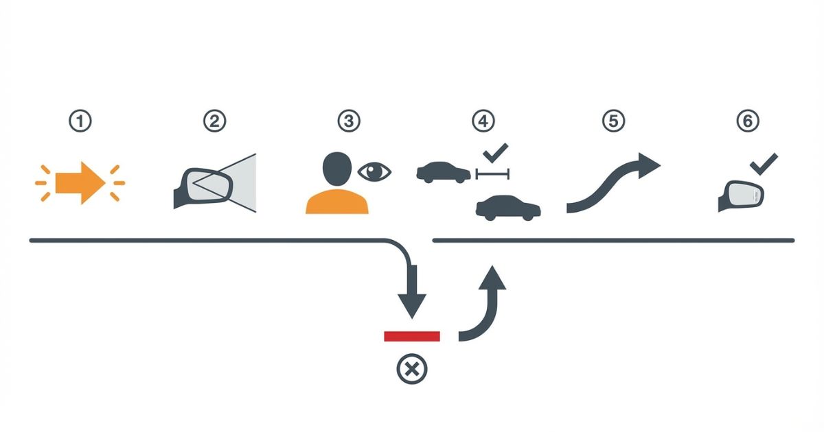 車線変更の安全手順（合図→ミラー→目視→車間→進路変更→変更後確認）を整理した図解