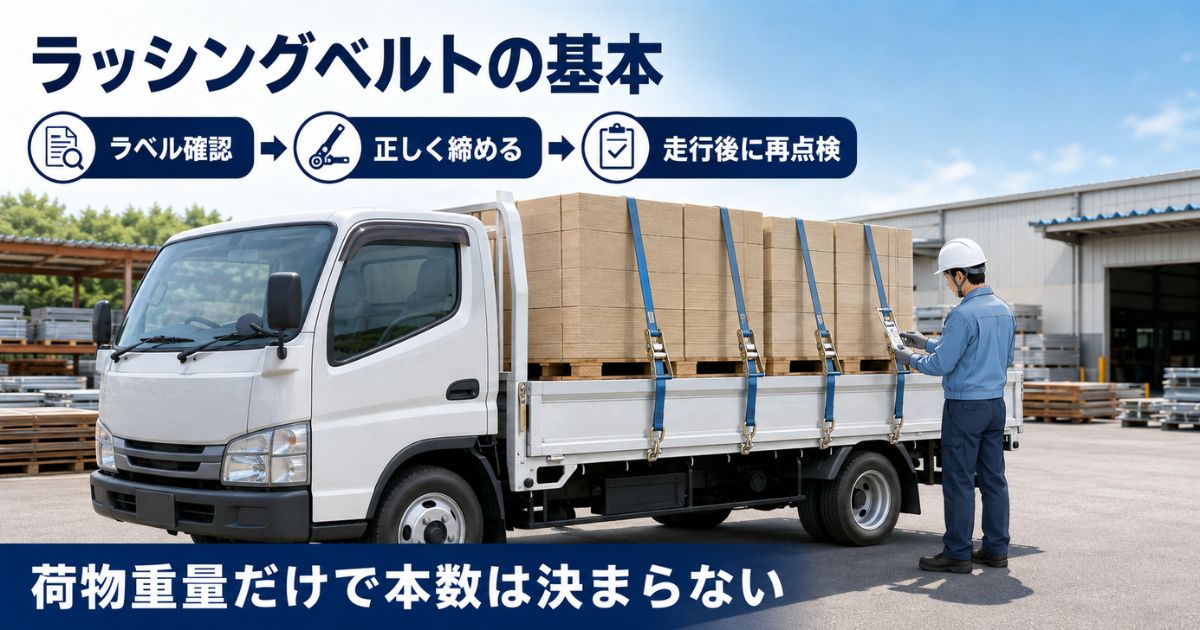 平ボディトラックの荷物をラッシングベルトで固定し、ラベル確認・締付け・走行後の再点検を行う流れ