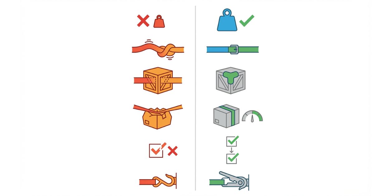 ラッシングベルトの失敗例と回避策を左右比較で示した図解