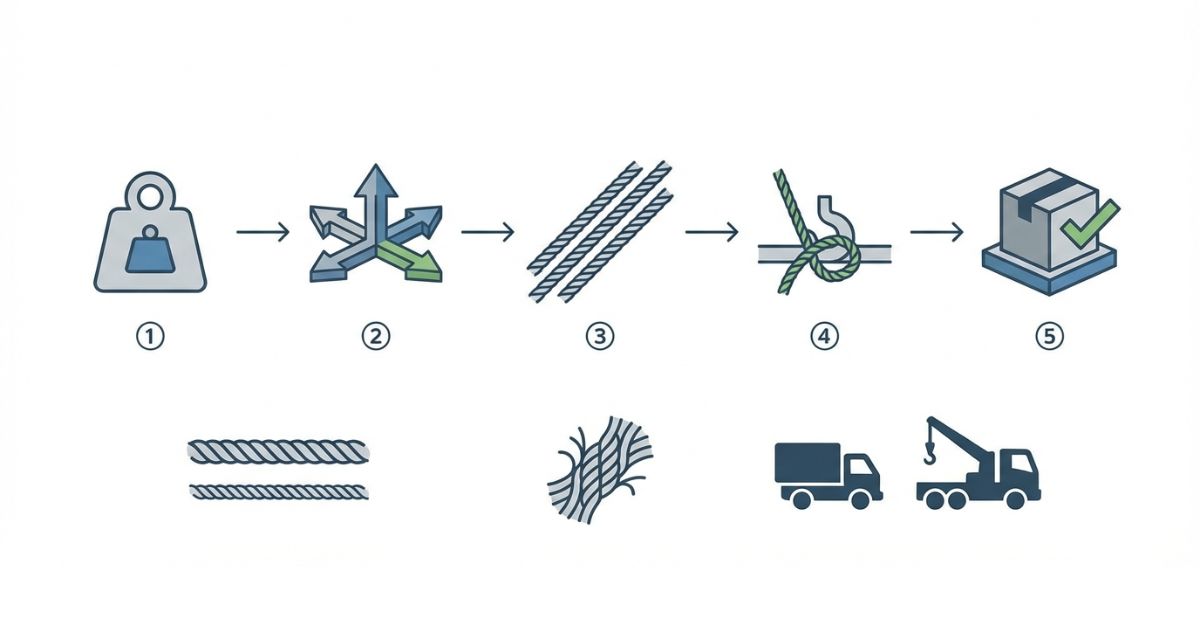 荷締めロープの太さ選びを重量と動く方向と本数で判断する流れを示す図解