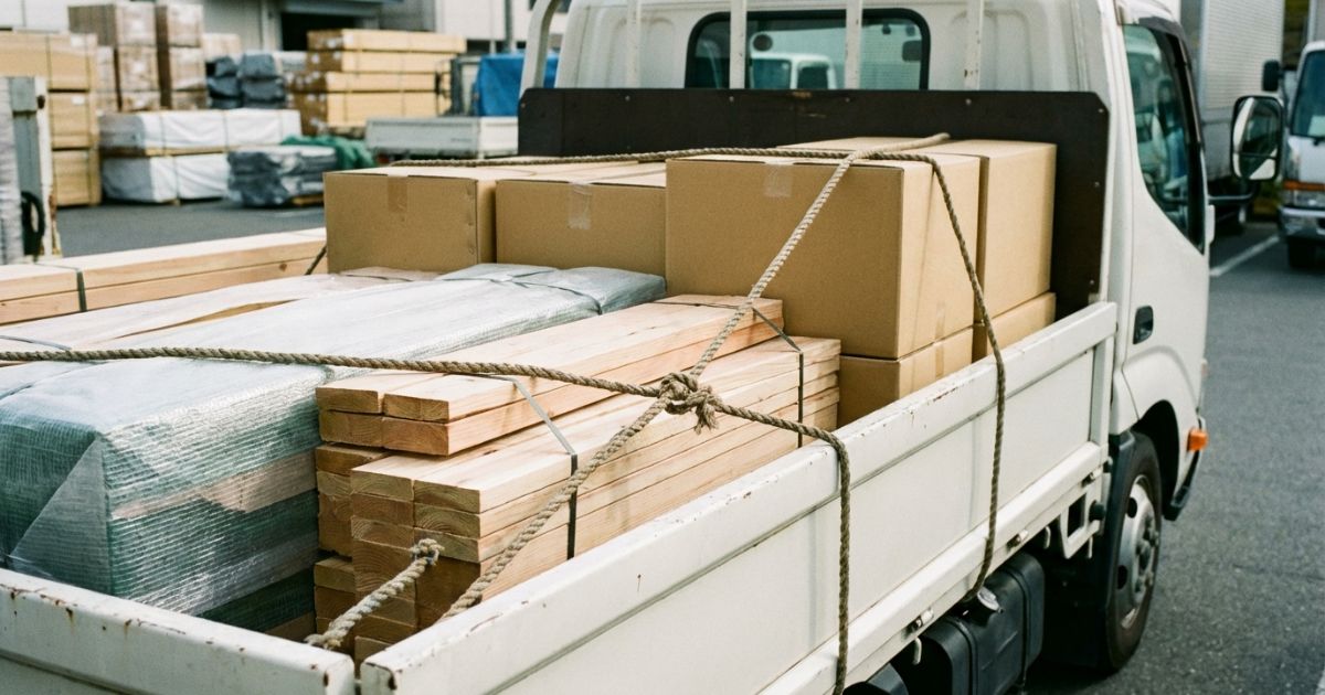 トラック荷台で荷締めロープを使って資材を固定している現場の写真