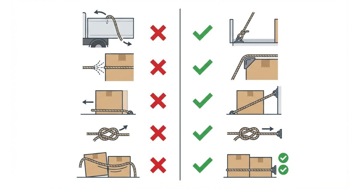 荷締めロープ固定の失敗例と回避策を左右比較で示した図解