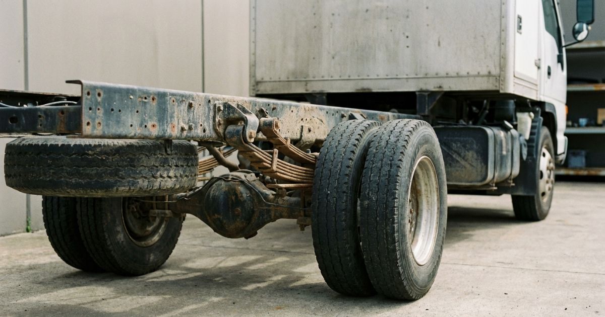 トラックのリア下回りにある板バネ周辺を写した写真風イメージ