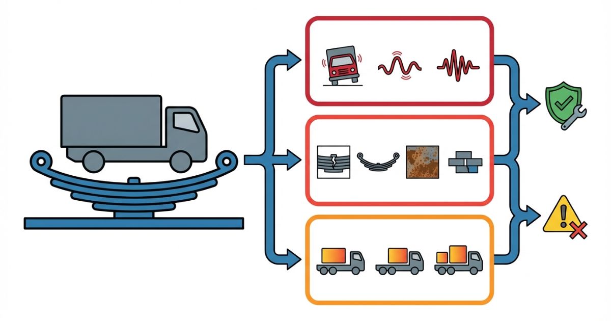 板バネを症状・目視点検・積載条件で判断する軸を整理した文字なし図解