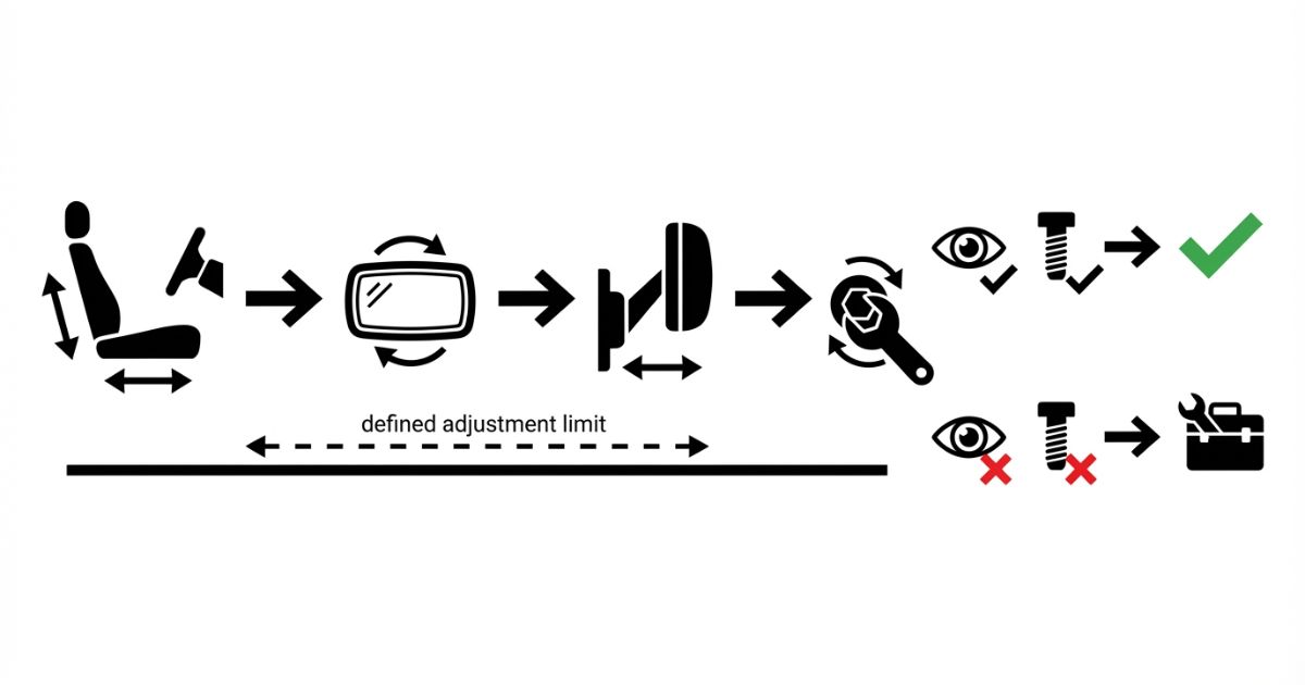 運転姿勢からミラー本体とステー調整の優先順位を示す文字なし図解