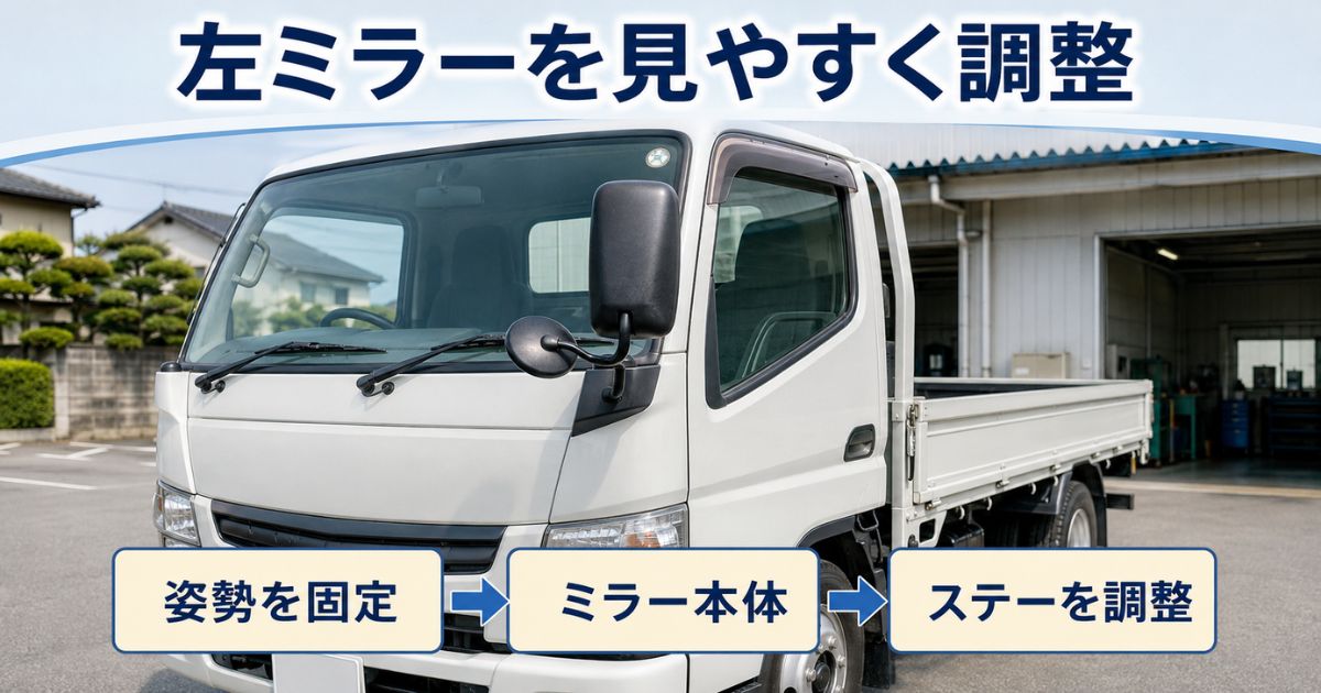 左ミラーを見やすくするために運転姿勢、ミラー本体、ステーの順で調整する考え方