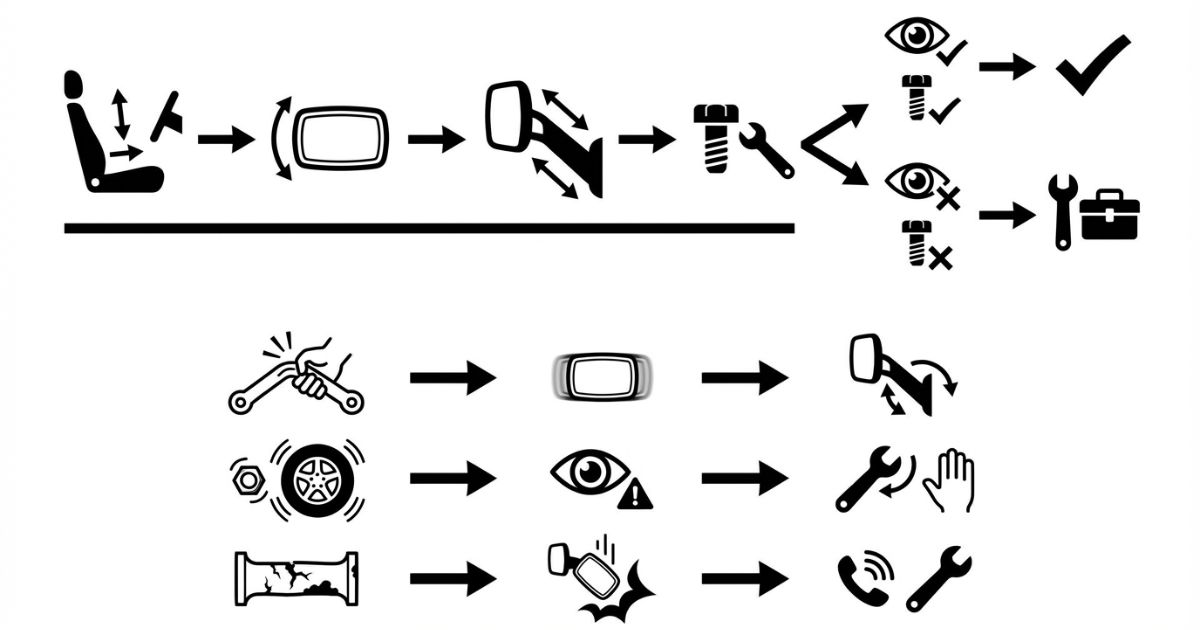 曲げ加工や緩み放置など左ミラーステー調整の失敗リスクを示す文字なし図解