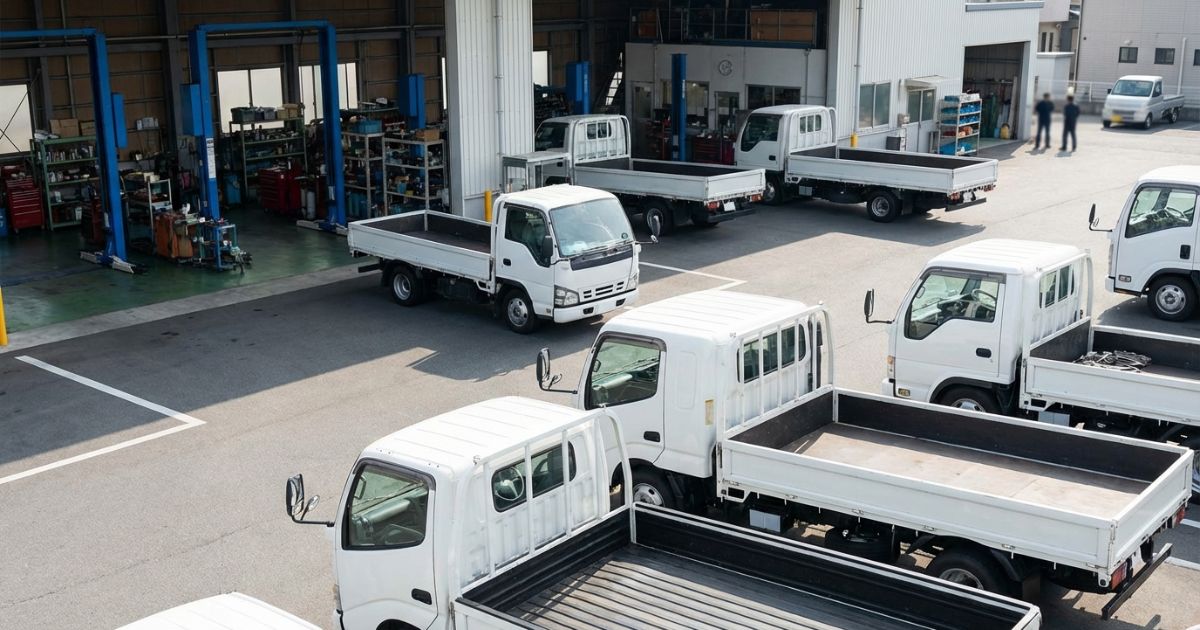 整備工場の点検ヤードに停車する小型トラックの写真