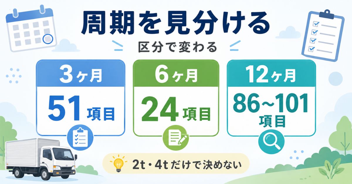 トラックの3ヶ月点検6ヶ月点検12ヶ月点検の周期と項目数を比較した図解