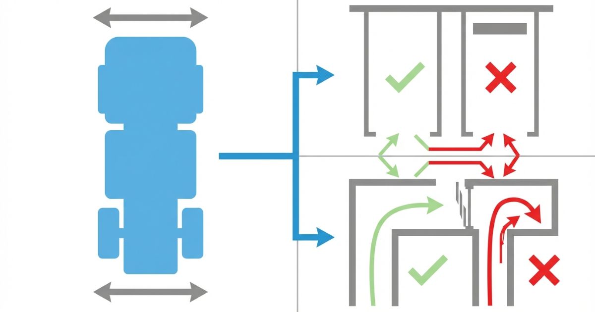 トラックの全長を確定して駐車条件と進入条件を分けて照合する判断軸の図解