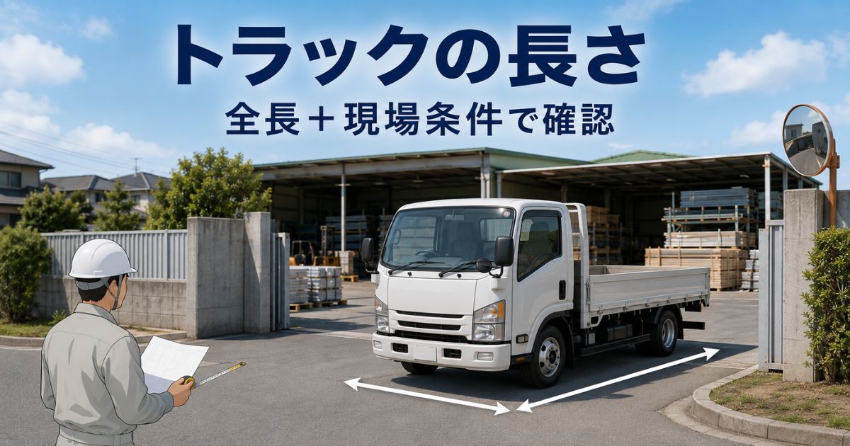 倉庫入口でトラックの全長と進入条件を確認する作業担当者