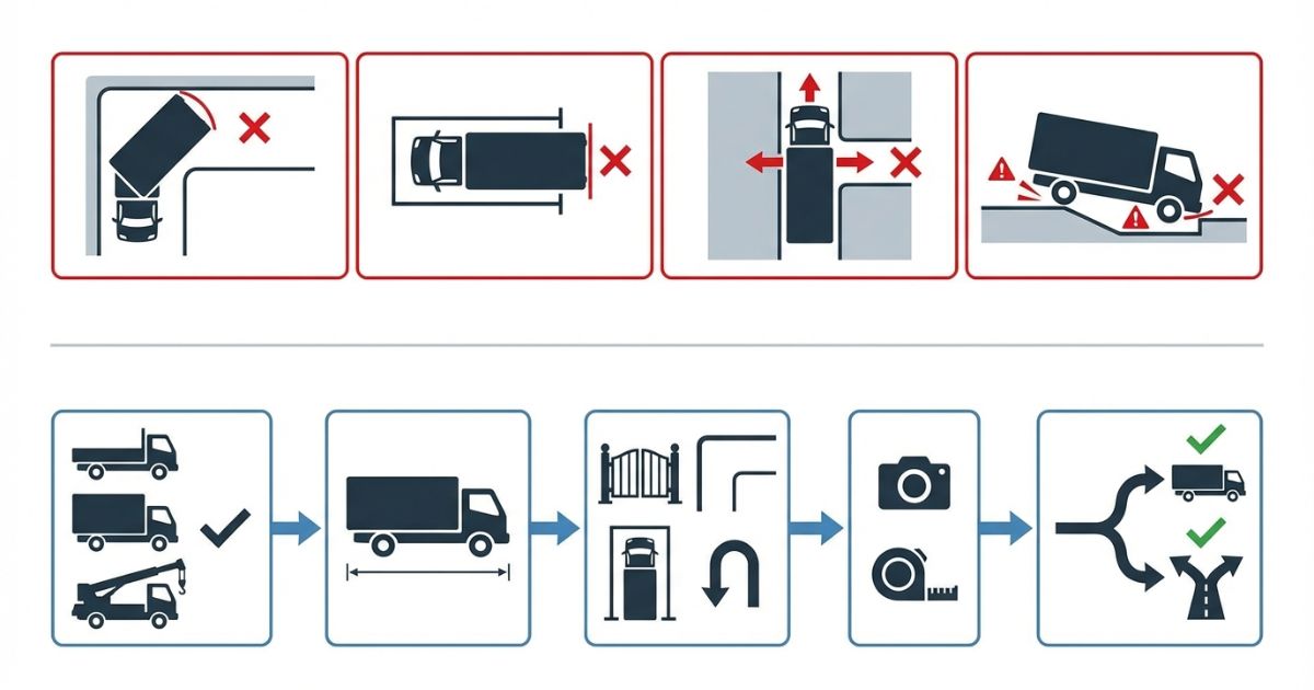曲がり角の切り返し不足や停車可能長不足などの失敗例と回避の流れを示す図解