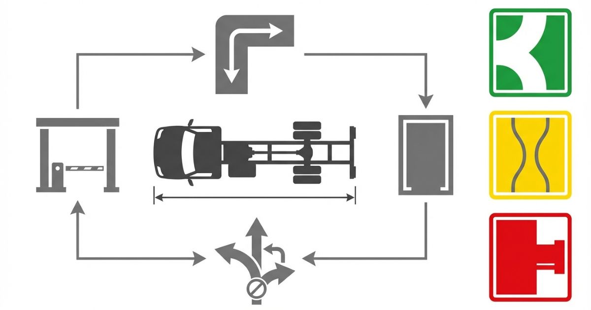 全長を起点に入口・導線・停車・退出の条件へ照合して進入可否を判断する図解