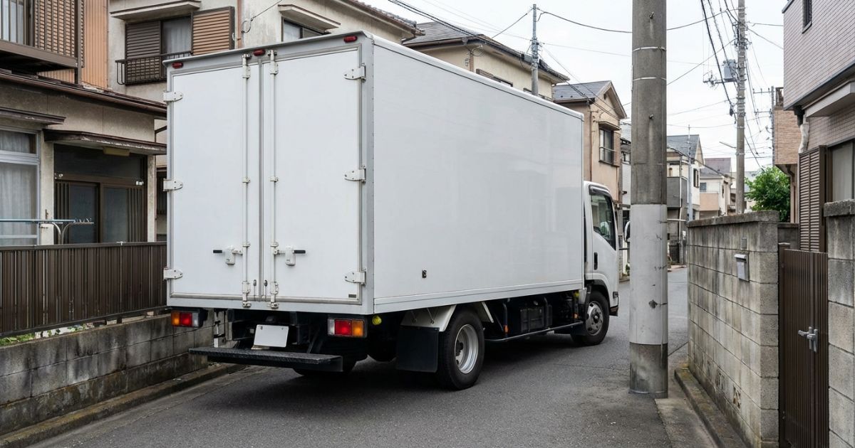 曲がり角や入口でトラックの全長を意識しながら取り回しを確認する写真風イメージ