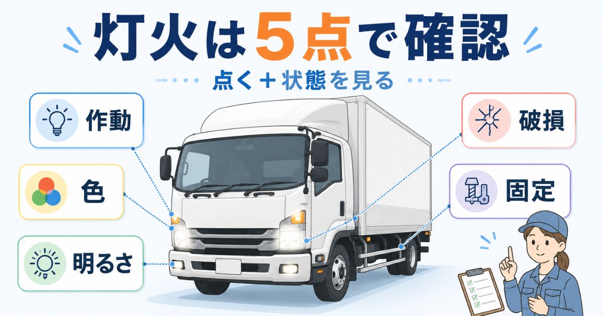 トラックの灯火類点検で作動・色・明るさ・破損・固定を確認する重要性を示したアイキャッチ画像