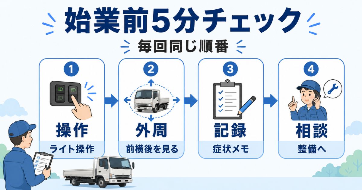始業前5分で灯火類を操作・外周確認・記録・整備相談する流れを示した図解
