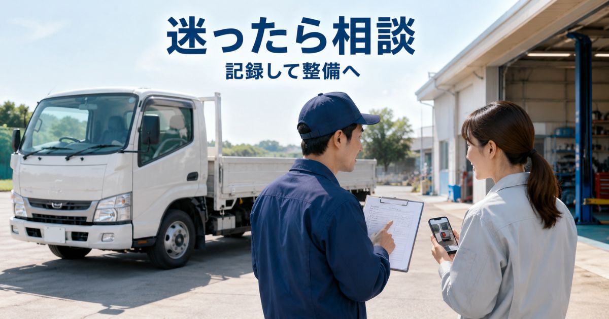 灯火不良や追加灯火の適合不明を記録して整備工場へ相談する様子の写真風画像