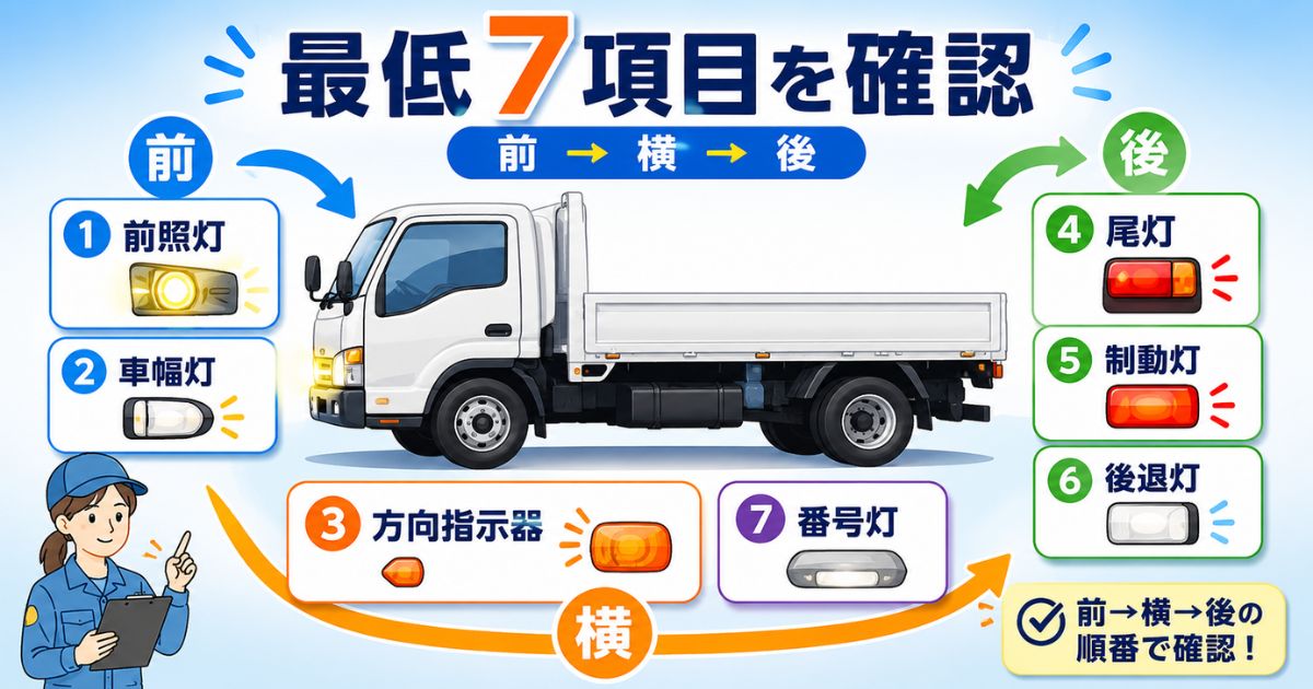 トラック灯火類点検で確認する最低7項目と前横後の外周確認順を示した図解