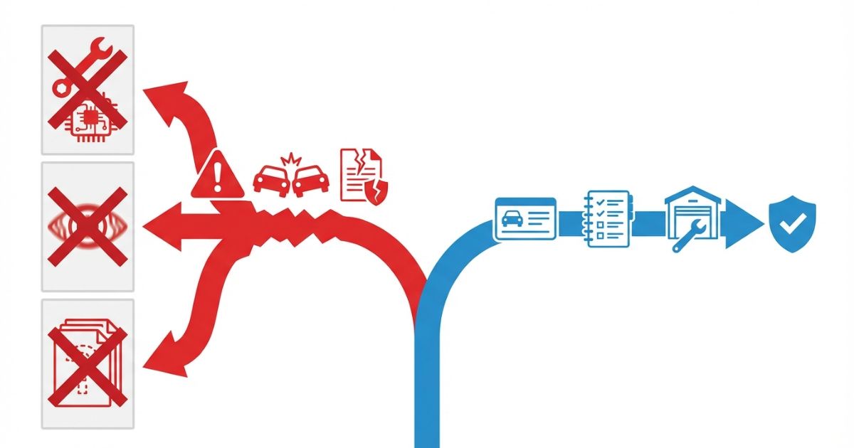 解除前提・確認省略・履歴不明などの失敗分岐と安全側ルートを示す図解
