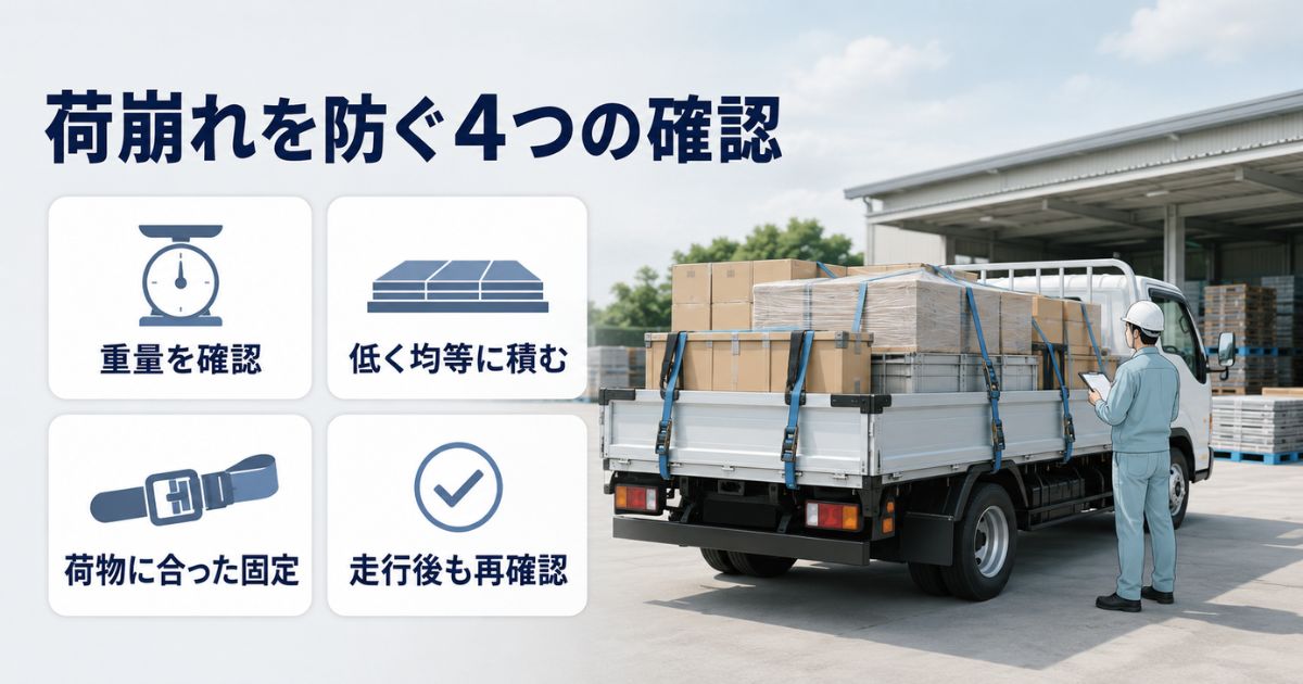荷崩れ防止のために重量確認、低い積付け、適切な固定、走行後の再確認を行う様子