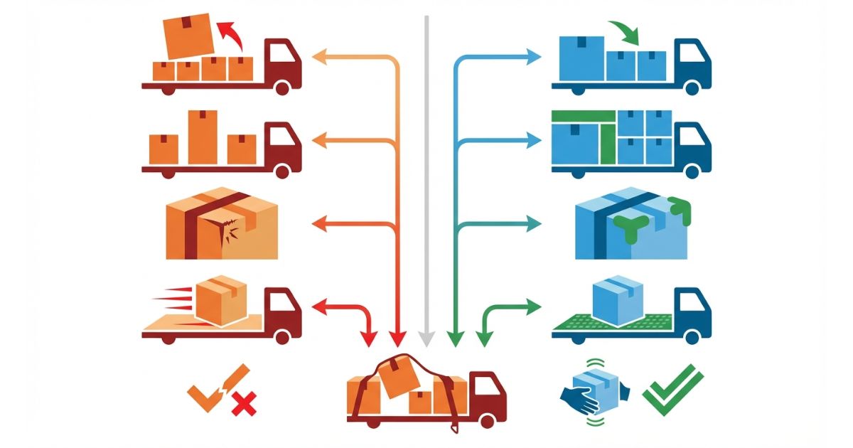 荷崩れのやりがちミスと回避策を左右比較で示した図解