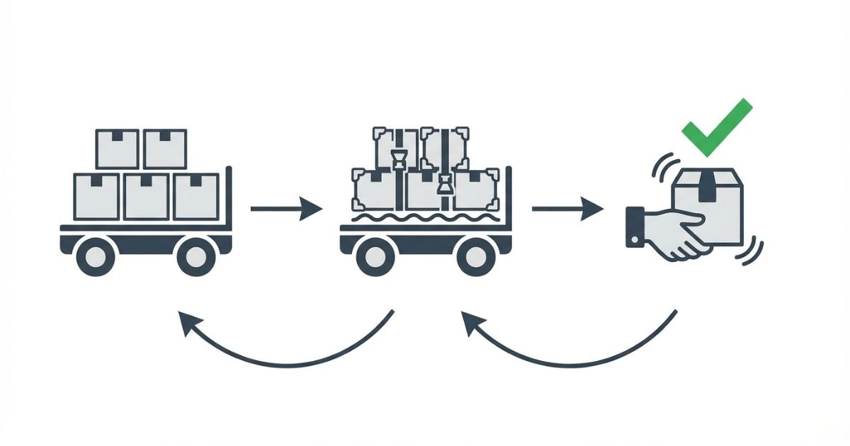 荷崩れ防止の判断軸(積載設計→固定→出発前チェック)を整理した図解