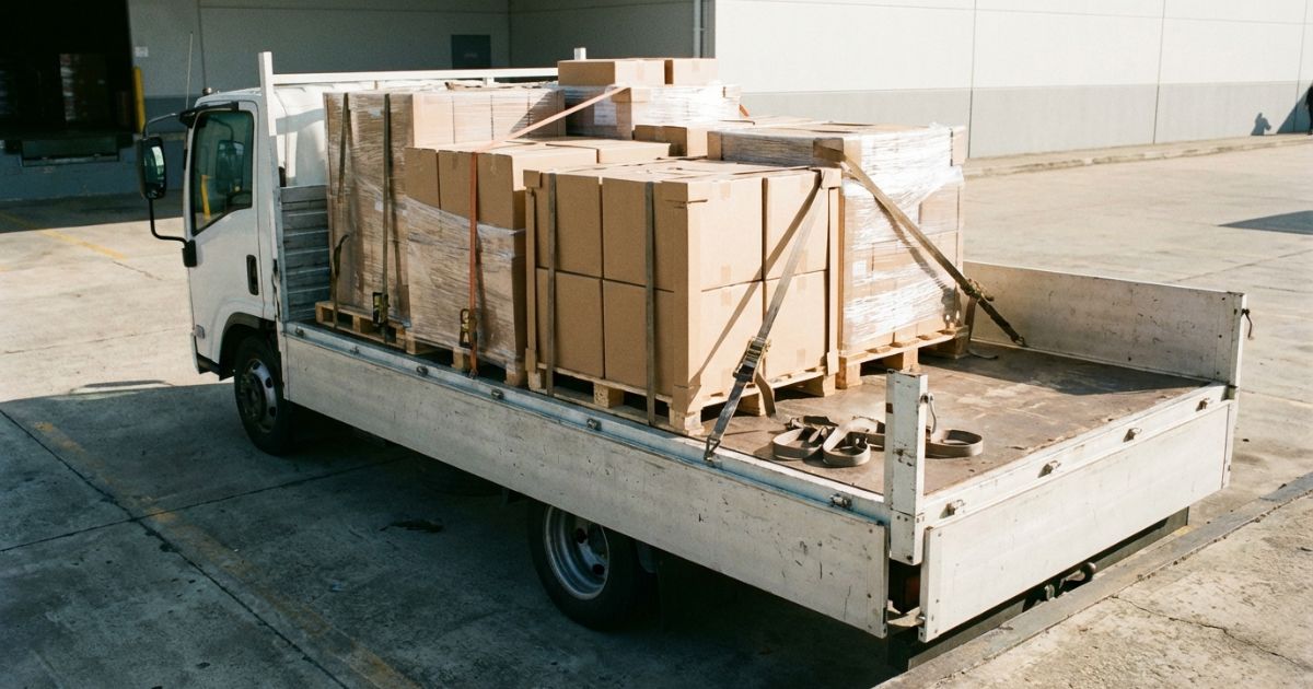 物流拠点でトラック荷台の荷物が整然と積まれ固定準備が整っている写真